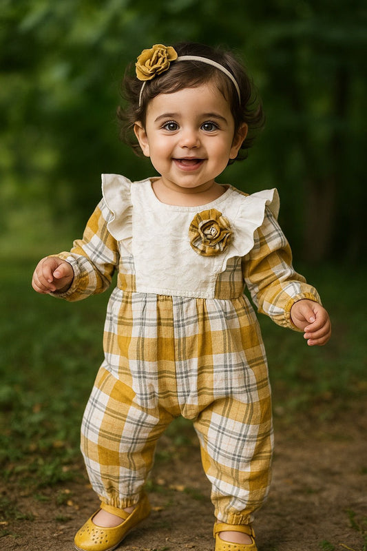 Golden Plaid Ruffle Romper – Soft & Stylish Baby Outfit